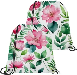 2 Pcs Flowers and Green Leaves Drawstring Backpack String Bag Sports Sack pack Gym Sack Side Pocket for Men Women