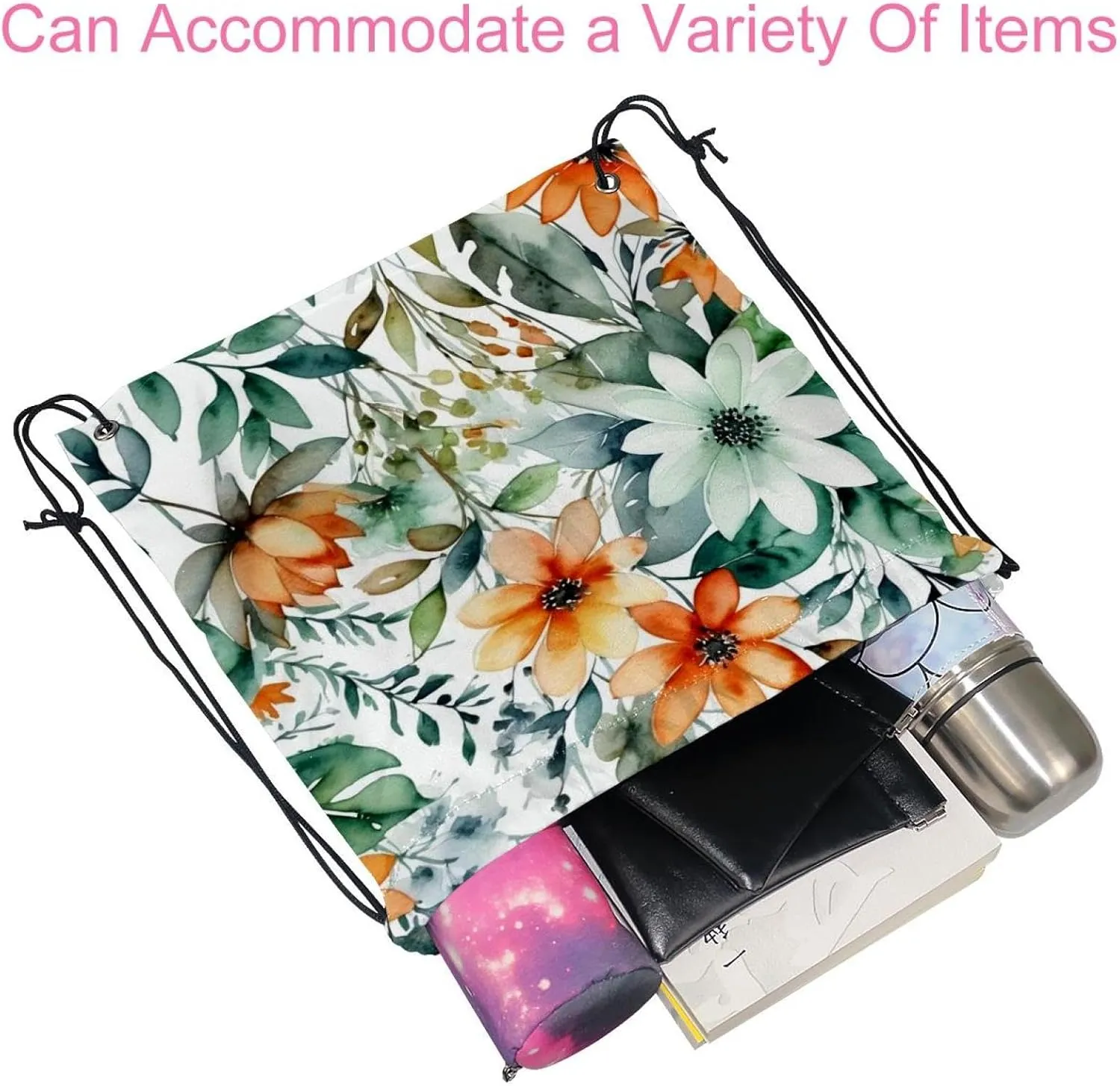 2 Pcs Flowers and Green Leaves Drawstring Backpack String Bag Sports Sack pack Gym Sack Side Pocket for Men Women