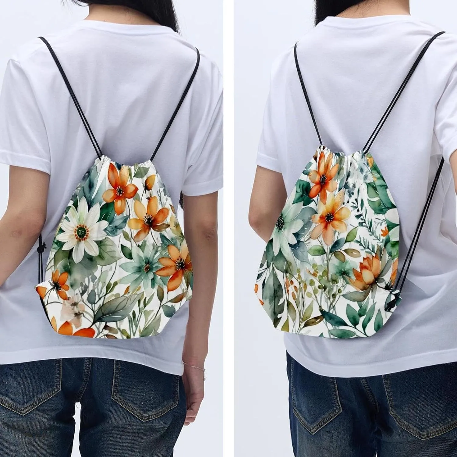 2 Pcs Flowers and Green Leaves Drawstring Backpack String Bag Sports Sack pack Gym Sack Side Pocket for Men Women