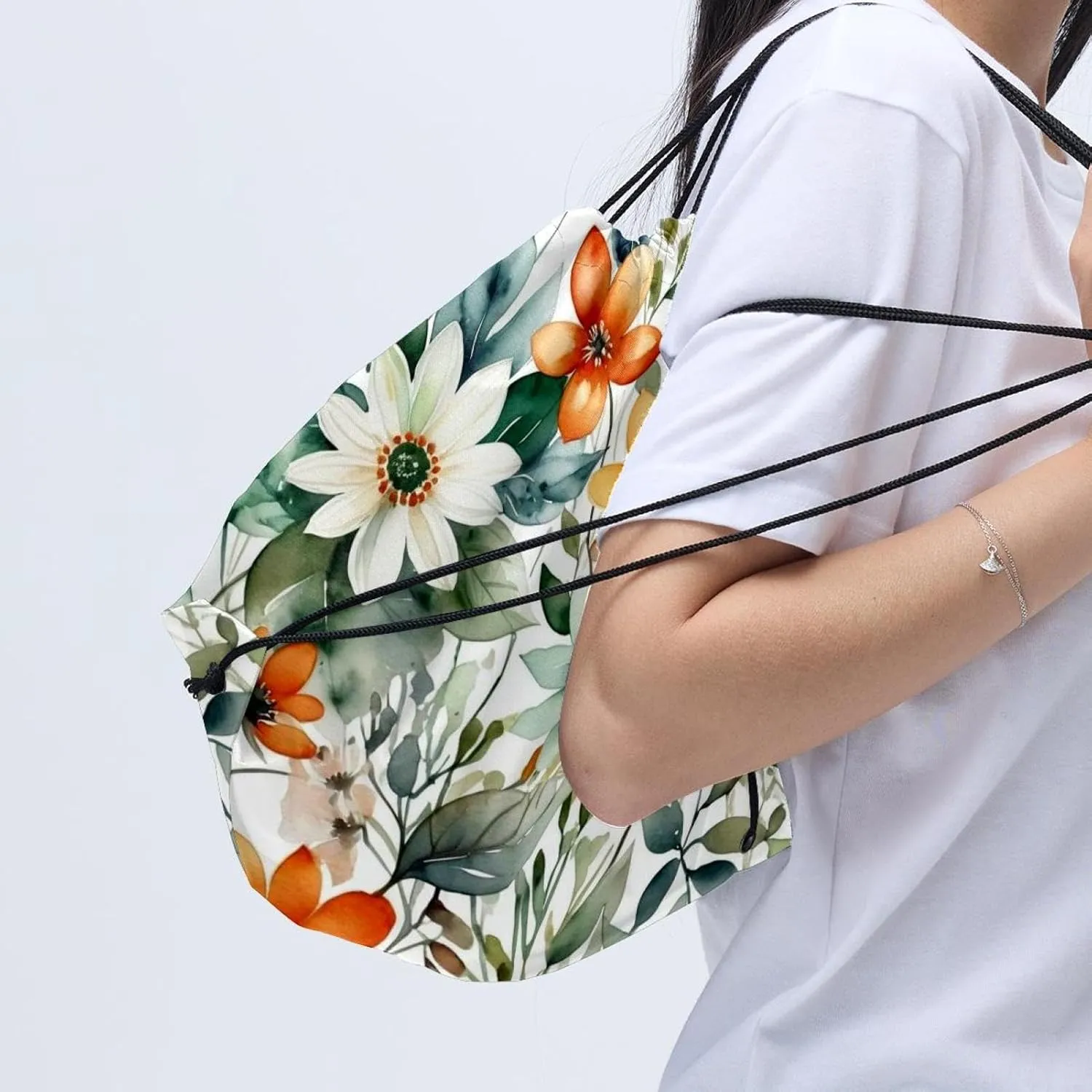 2 Pcs Flowers and Green Leaves Drawstring Backpack String Bag Sports Sack pack Gym Sack Side Pocket for Men Women
