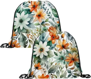 2 Pcs Flowers and Green Leaves Drawstring Backpack String Bag Sports Sack pack Gym Sack Side Pocket for Men Women