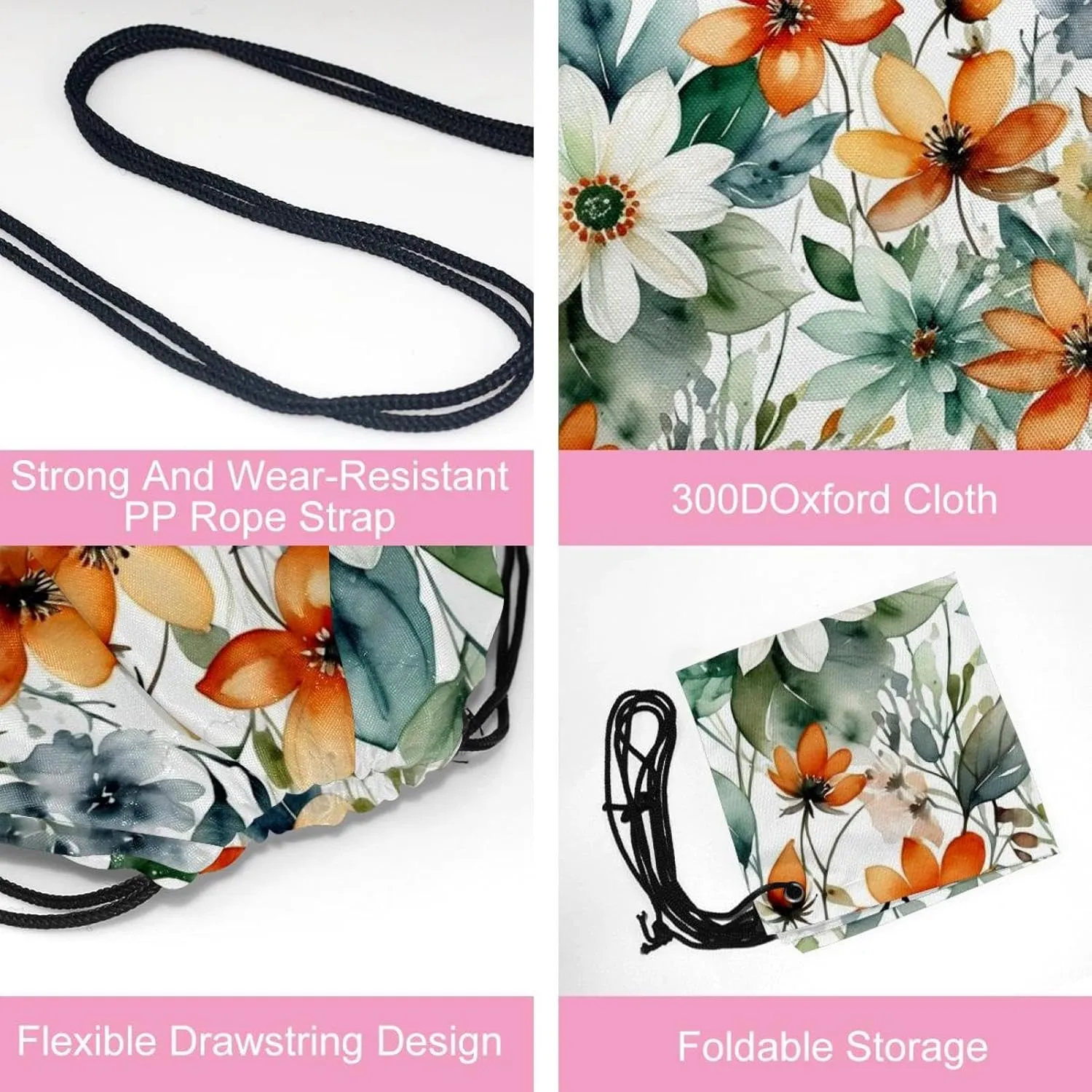 2 Pcs Flowers and Green Leaves Drawstring Backpack String Bag Sports Sack pack Gym Sack Side Pocket for Men Women