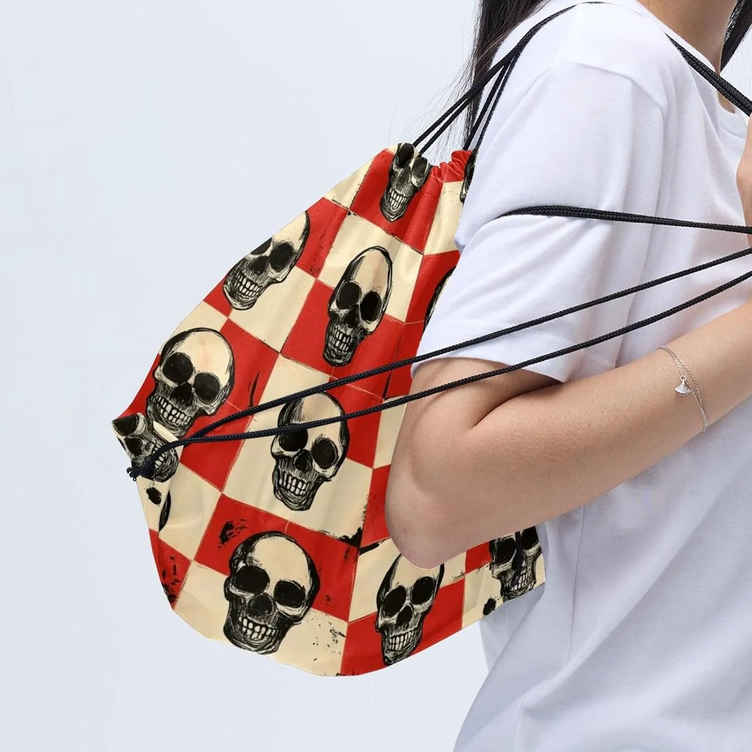 2 Pcs Halloween Skeleton Skull 1 Drawstring Backpack Sports Gym Sack pack String Bag for Women Men