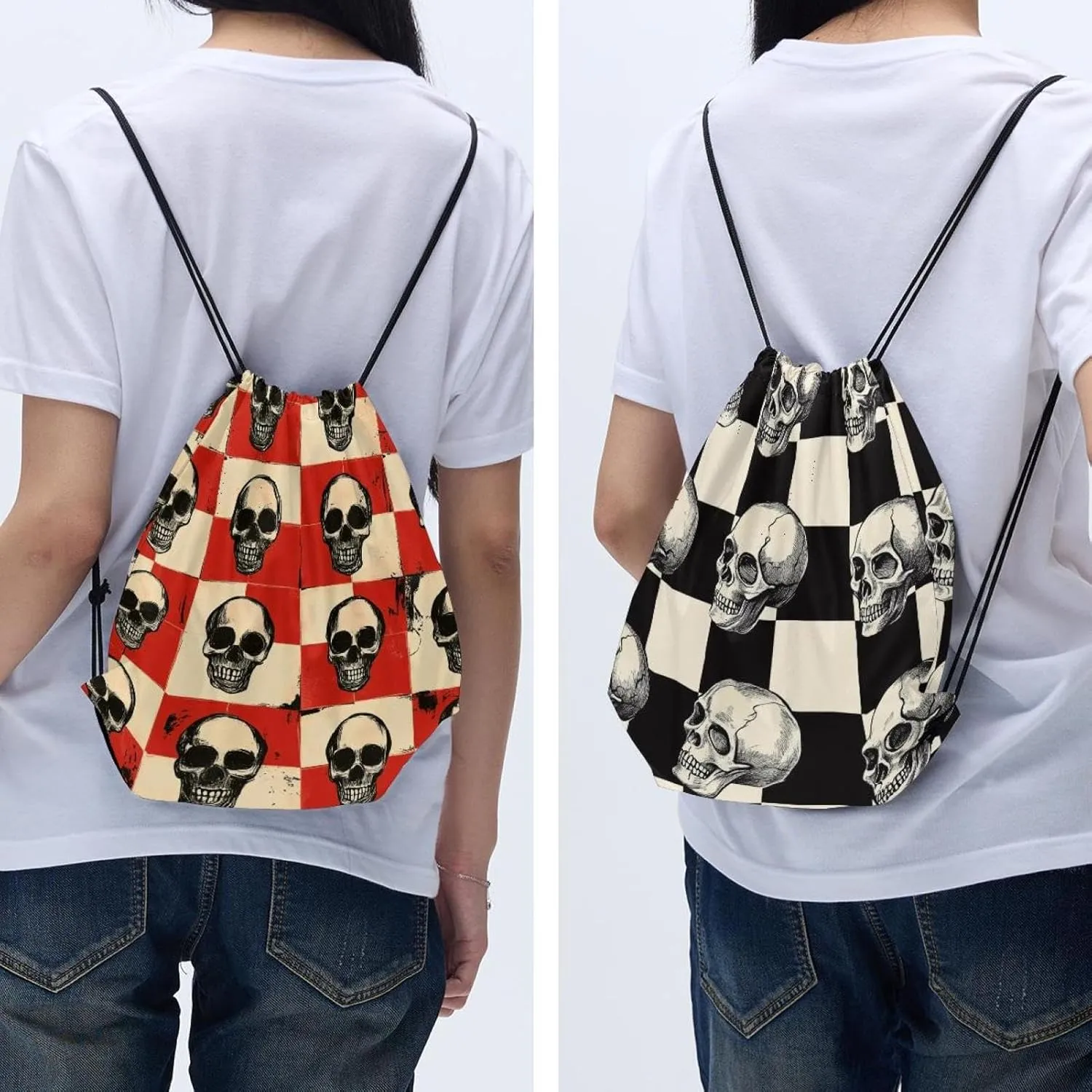 2 Pcs Halloween Skeleton Skull 1 Drawstring Backpack Sports Gym Sack pack String Bag for Women Men