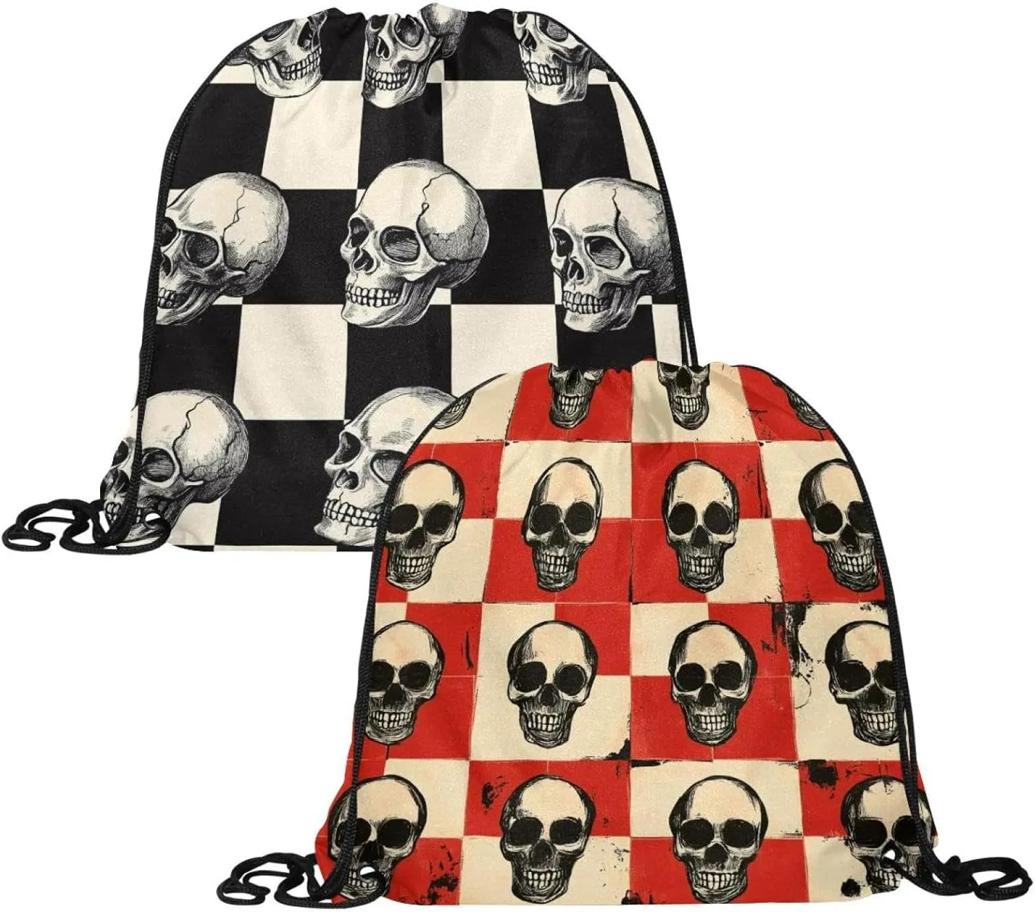 2 Pcs Halloween Skeleton Skull 1 Drawstring Backpack Sports Gym Sack pack String Bag for Women Men
