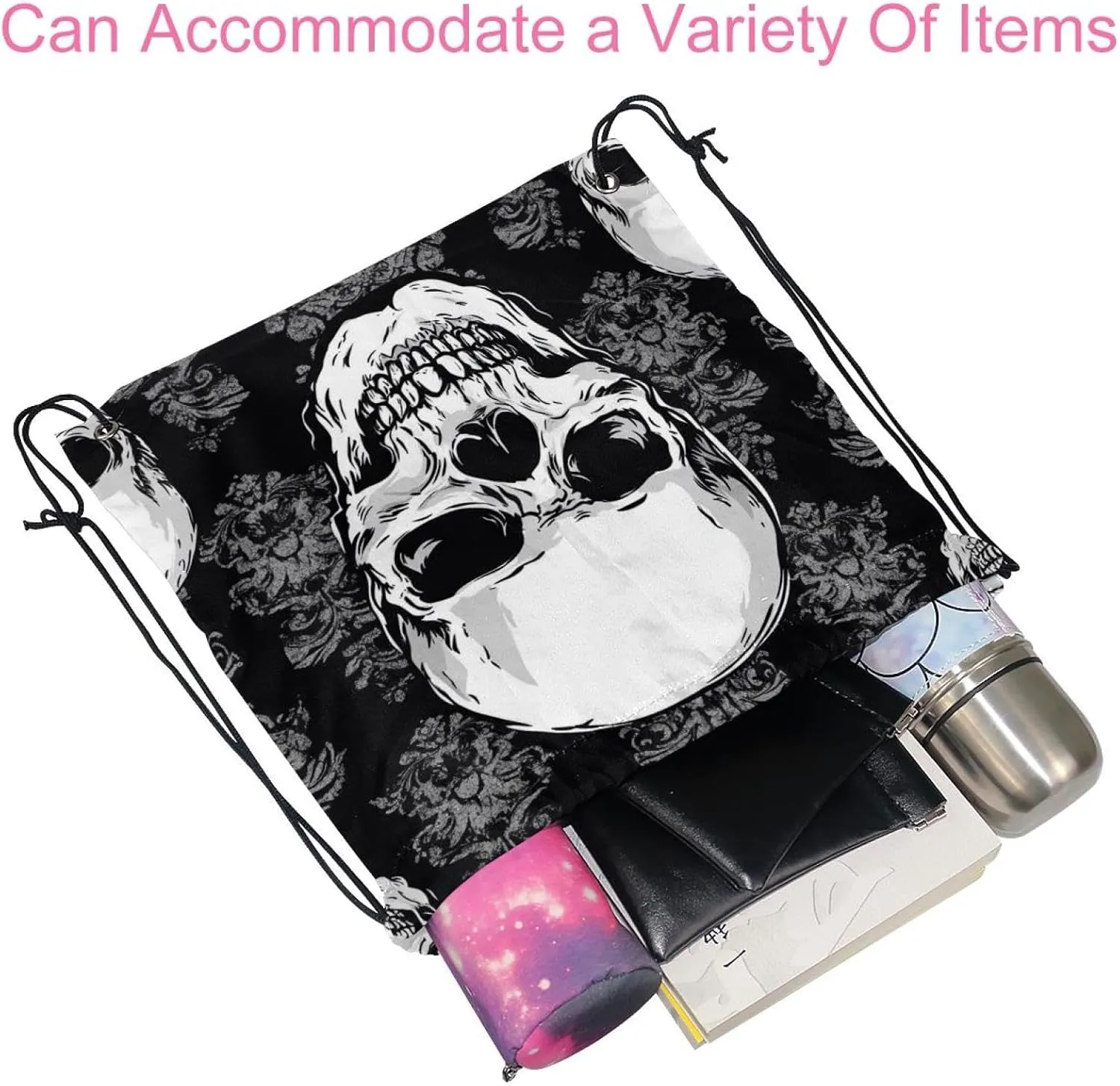2 Pcs Halloween Skeleton Skull 5 Drawstring Backpack Sports Gym Sack pack String Bag for Women Men