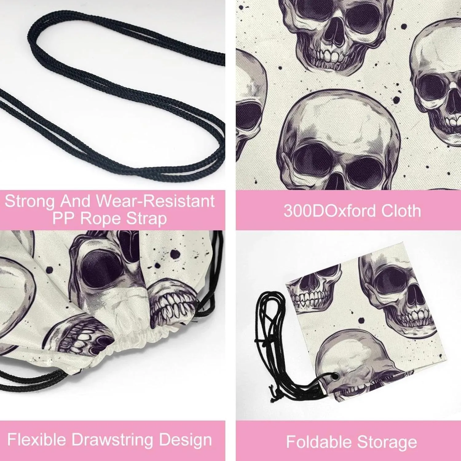 2 Pcs Halloween Skeleton Skull 5 Drawstring Backpack Sports Gym Sack pack String Bag for Women Men