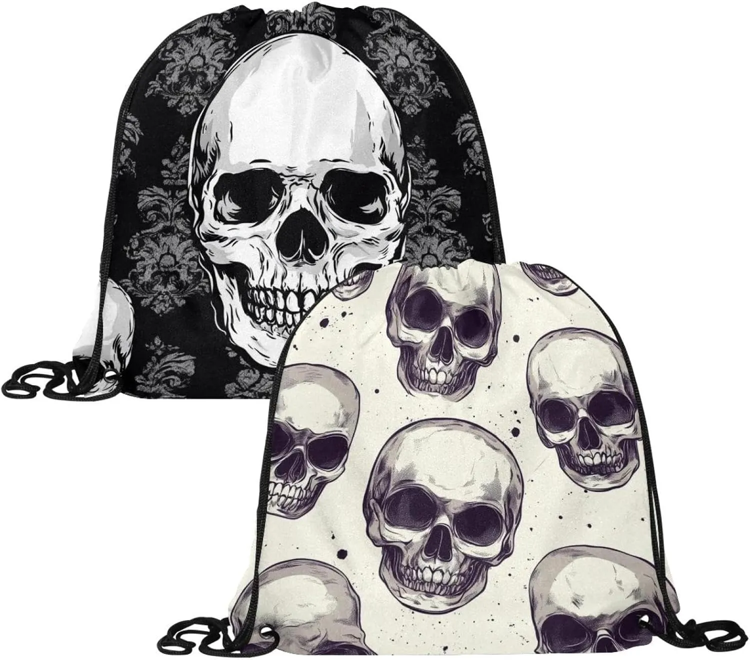 2 Pcs Halloween Skeleton Skull 5 Drawstring Backpack Sports Gym Sack pack String Bag for Women Men