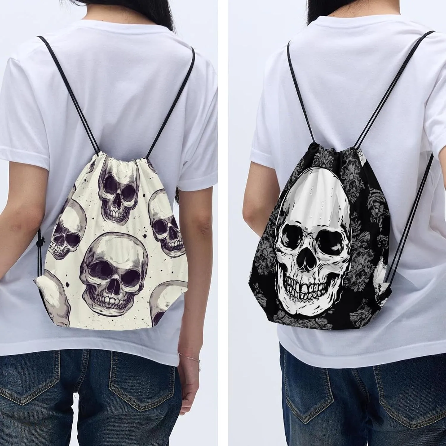 2 Pcs Halloween Skeleton Skull 5 Drawstring Backpack Sports Gym Sack pack String Bag for Women Men