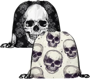 2 Pcs Halloween Skeleton Skull 5 Drawstring Backpack Sports Gym Sack pack String Bag for Women Men