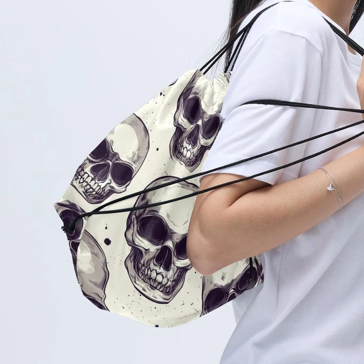 2 Pcs Halloween Skeleton Skull 5 Drawstring Backpack Sports Gym Sack pack String Bag for Women Men