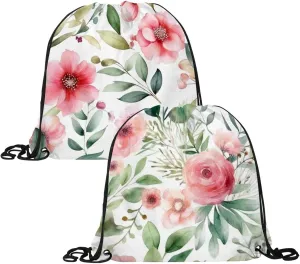2 Pcs Pink Flowers with Leaves Drawstring Backpack String Bag Sports Sack pack Gym Sack Side Pocket for Men Women