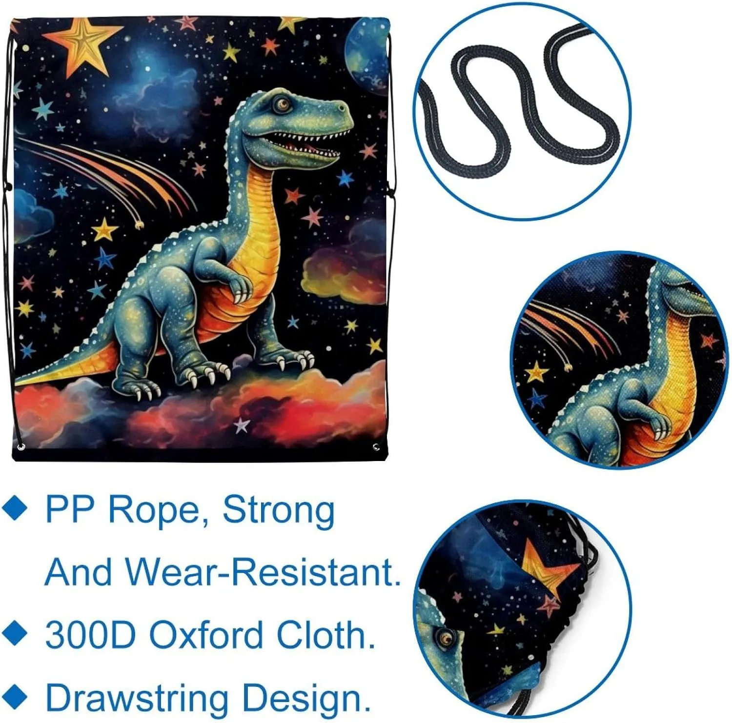 2 Pcs Starry Dinosaur Drawstring Backpack String Bag Sports Sack pack Gym Sack Side Pocket for Men Women