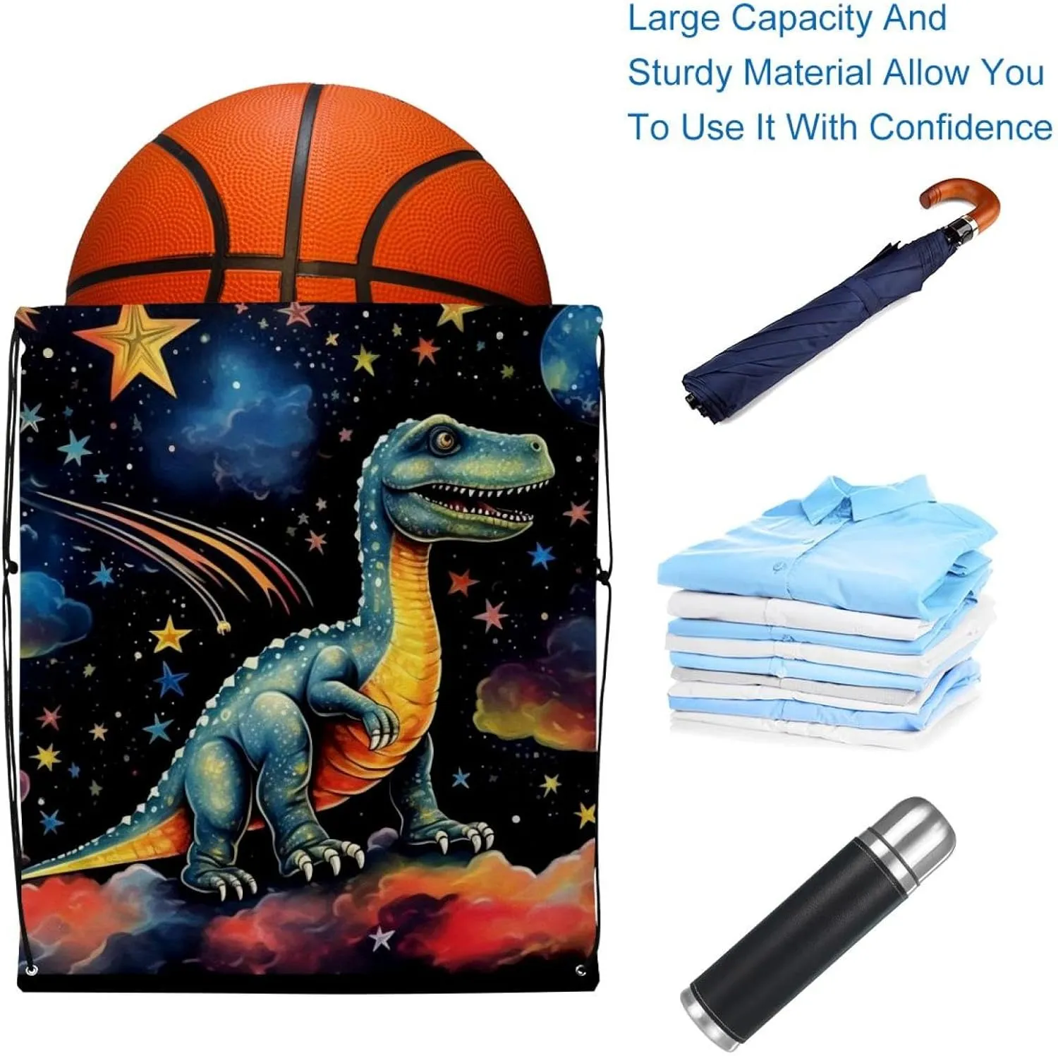 2 Pcs Starry Dinosaur Drawstring Backpack String Bag Sports Sack pack Gym Sack Side Pocket for Men Women