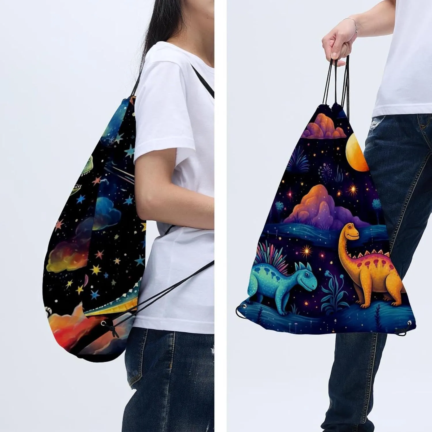 2 Pcs Starry Dinosaur Drawstring Backpack String Bag Sports Sack pack Gym Sack Side Pocket for Men Women