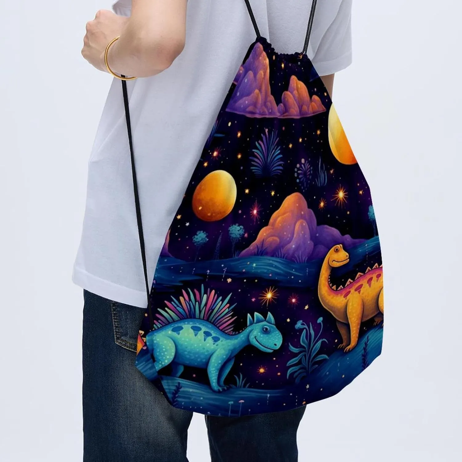 2 Pcs Starry Dinosaur Drawstring Backpack String Bag Sports Sack pack Gym Sack Side Pocket for Men Women