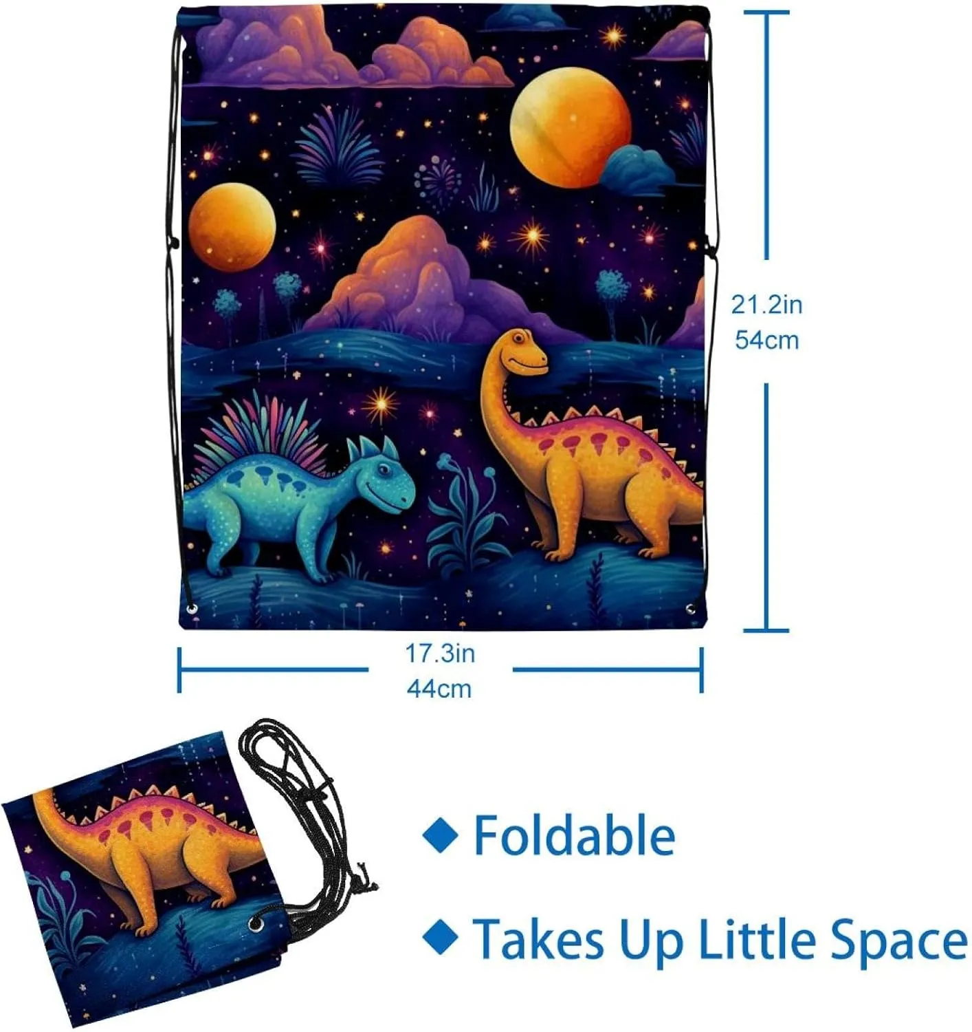2 Pcs Starry Dinosaur Drawstring Backpack String Bag Sports Sack pack Gym Sack Side Pocket for Men Women