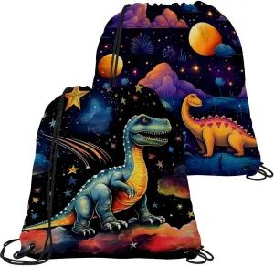 2 Pcs Starry Dinosaur Drawstring Backpack String Bag Sports Sack pack Gym Sack Side Pocket for Men Women