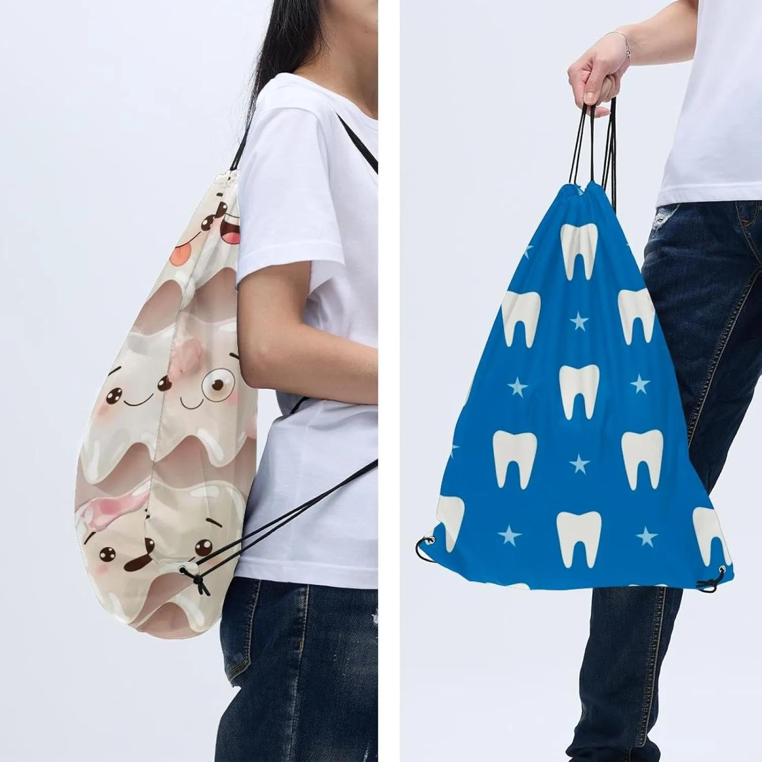 2 Pcs teeth in cartoon style Drawstring Backpack String Bag Sports Sack pack Gym Sack Side Pocket for Men Women