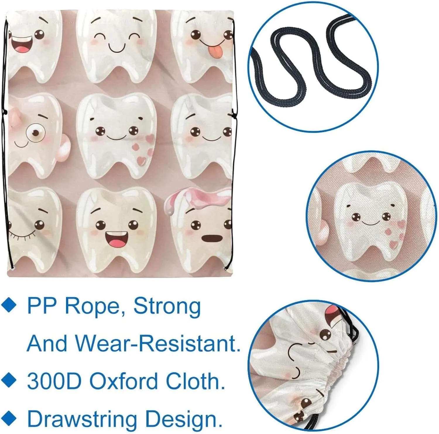 2 Pcs teeth in cartoon style Drawstring Backpack String Bag Sports Sack pack Gym Sack Side Pocket for Men Women