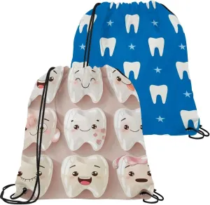 2 Pcs teeth in cartoon style Drawstring Backpack String Bag Sports Sack pack Gym Sack Side Pocket for Men Women