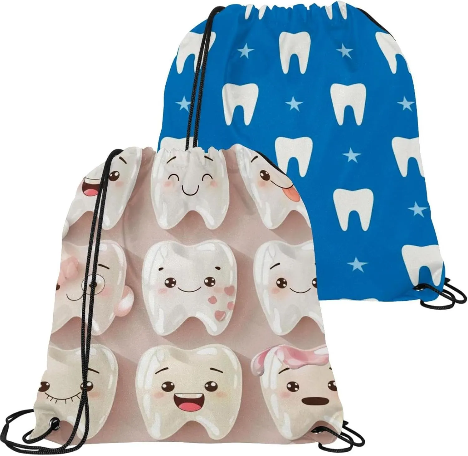 2 Pcs teeth in cartoon style Drawstring Backpack String Bag Sports Sack pack Gym Sack Side Pocket for Men Women
