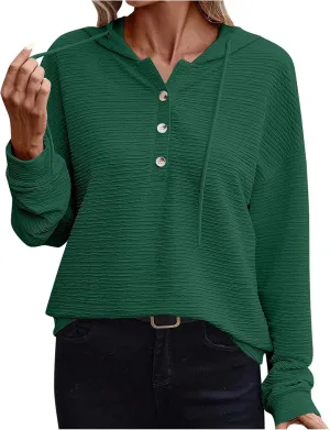 2024 Fall Womens Oversized Hoodies V Neck Solid Color Sweaters Fashion Casual Drawstring Pullover Going Out Clothes