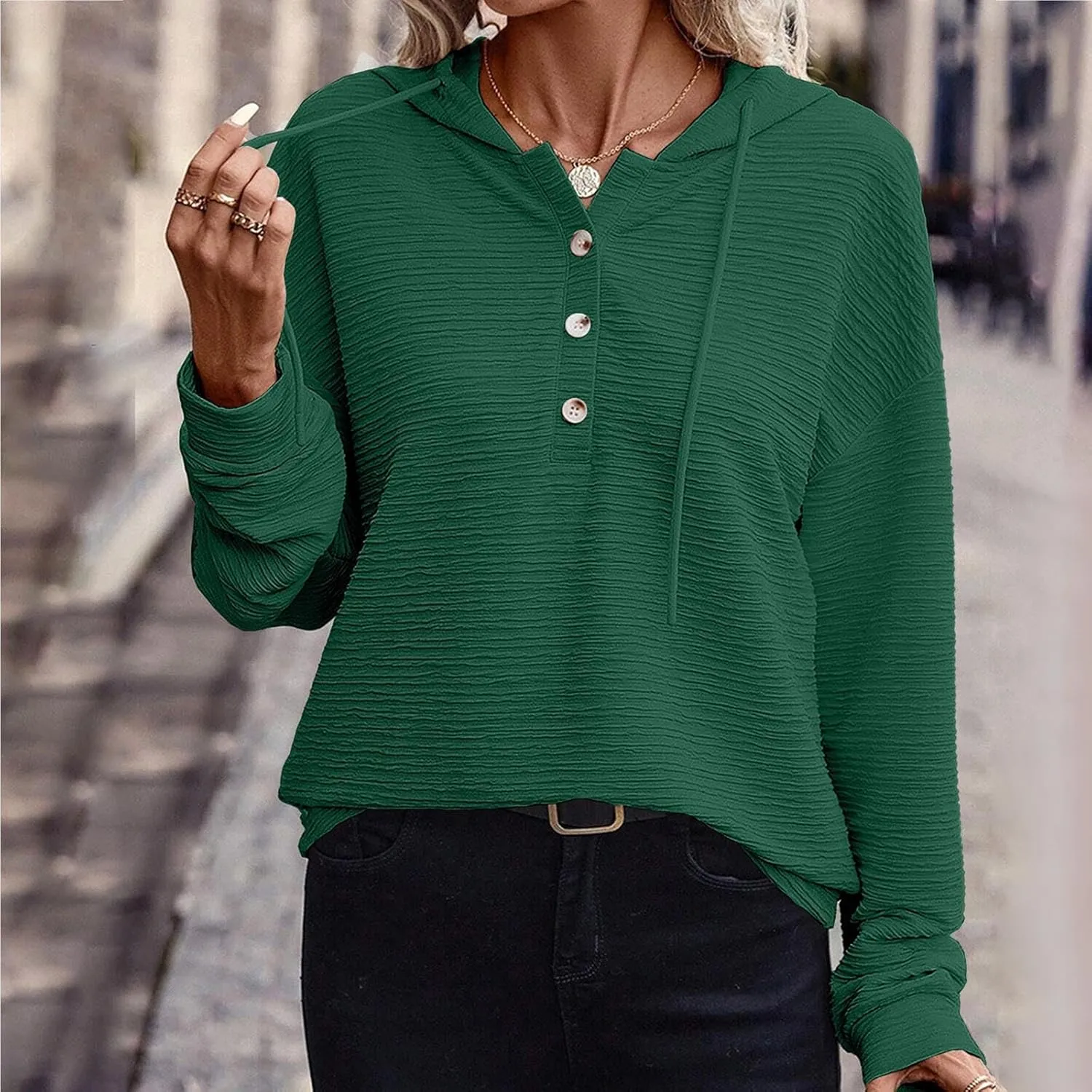2024 Fall Womens Oversized Hoodies V Neck Solid Color Sweaters Fashion Casual Drawstring Pullover Going Out Clothes