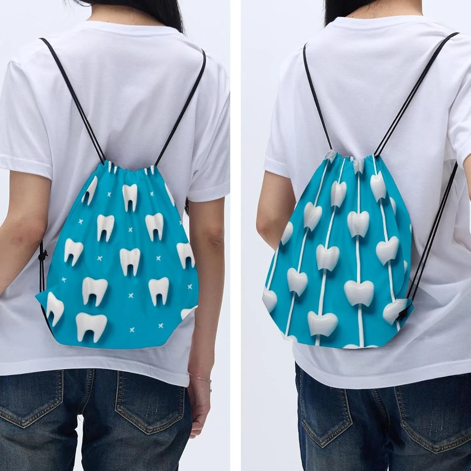 2PCS Cute Teeth on Blue Background - for kid Dental Design Drawstring Bags Drawstring Gym Bag
