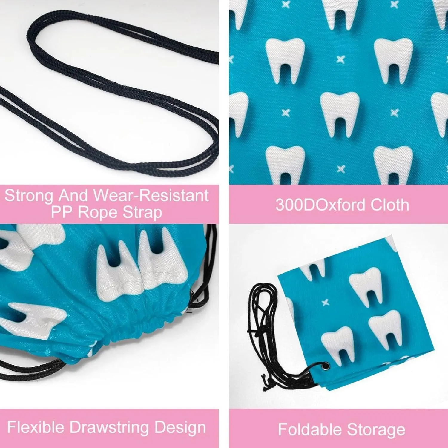 2PCS Cute Teeth on Blue Background - for kid Dental Design Drawstring Bags Drawstring Gym Bag