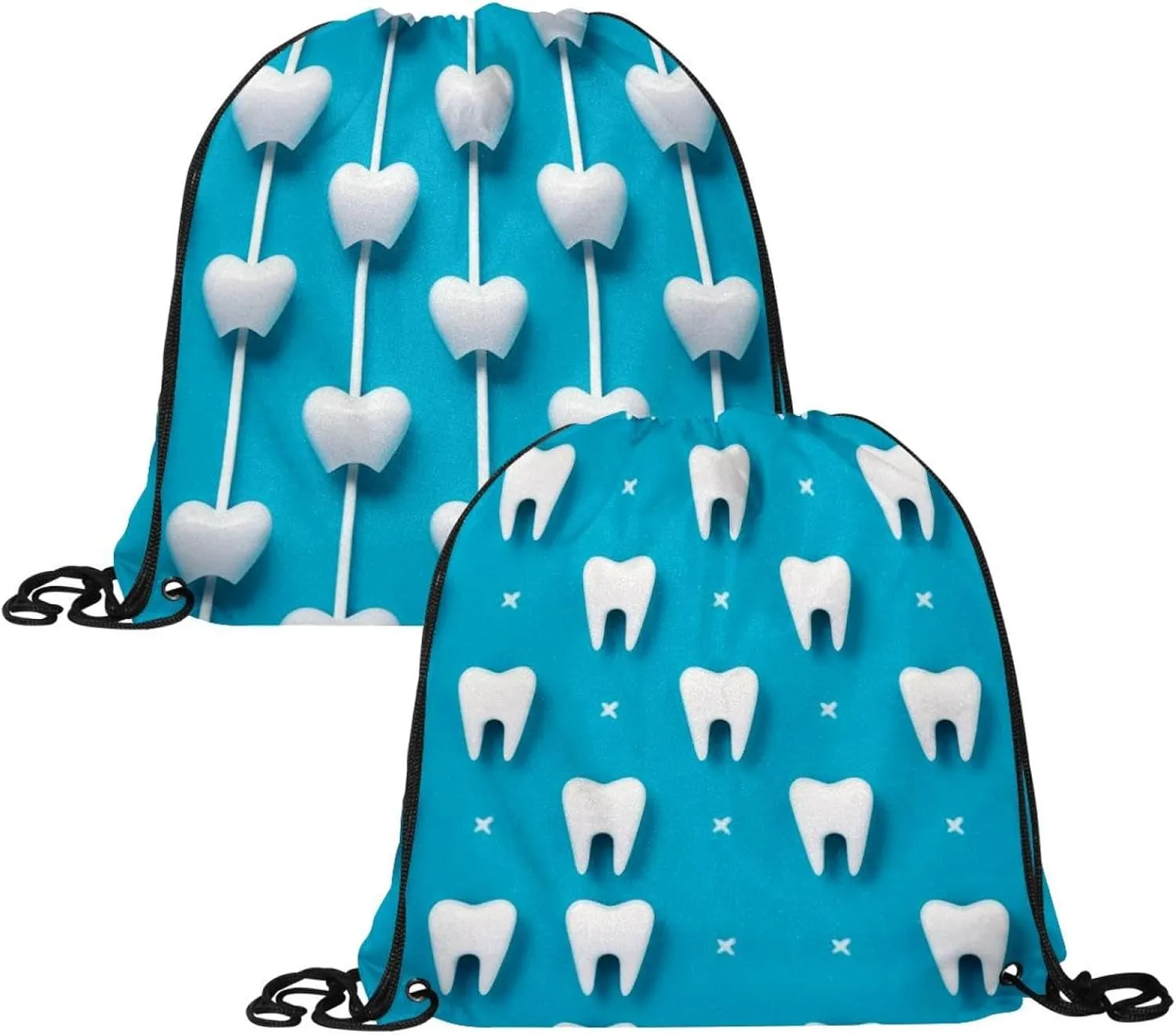 2PCS Cute Teeth on Blue Background - for kid Dental Design Drawstring Bags Drawstring Gym Bag