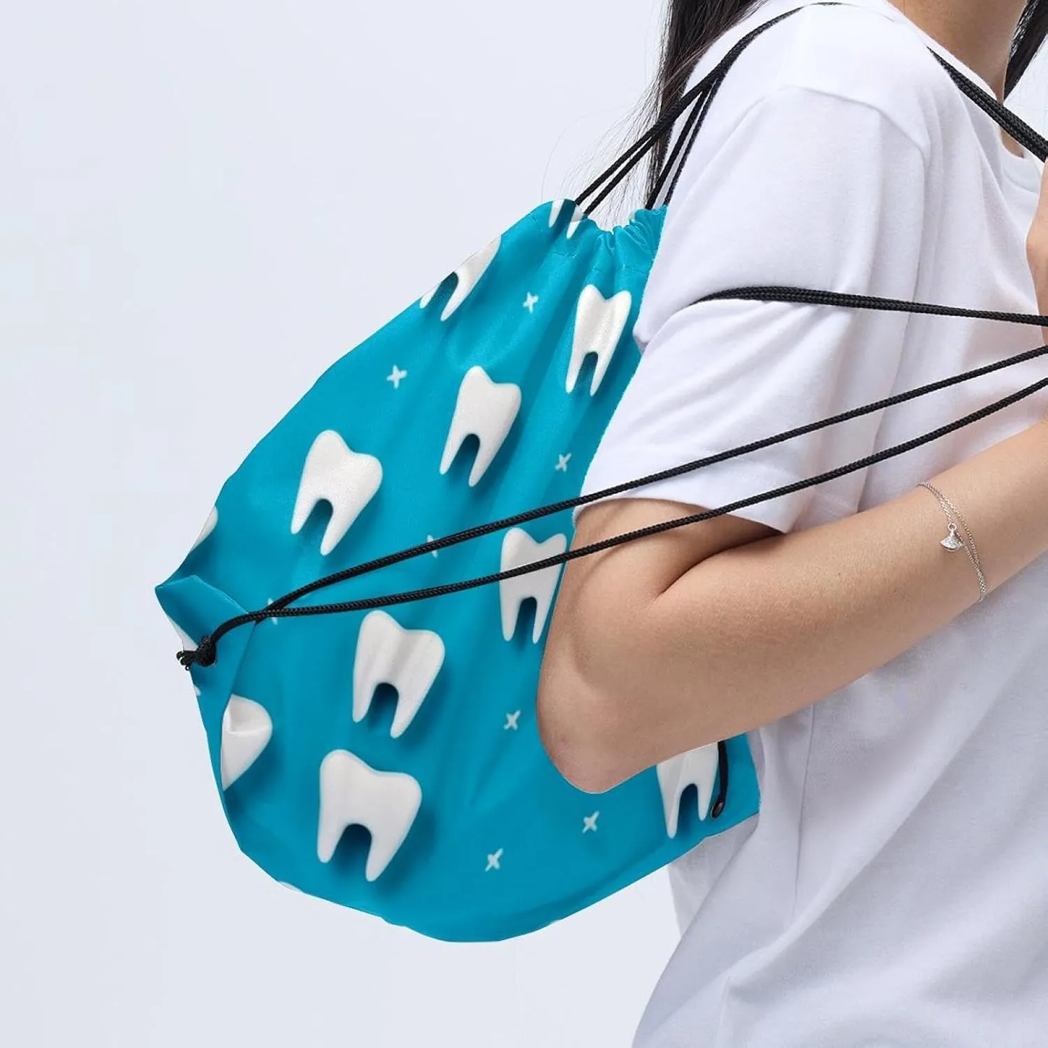 2PCS Cute Teeth on Blue Background - for kid Dental Design Drawstring Bags Drawstring Gym Bag