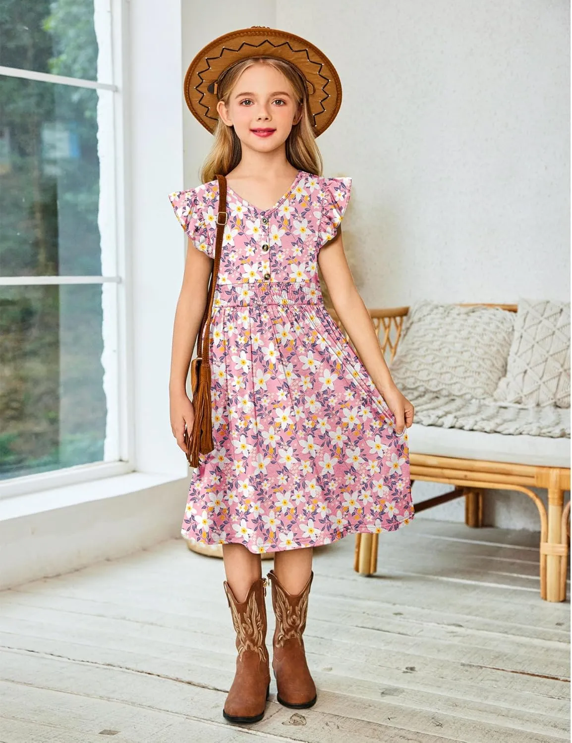 Arshiner Girls Dresses Ruffle Sleeve A-Line V-Neck Sundress Summer Swing Midi Dress with Pockets