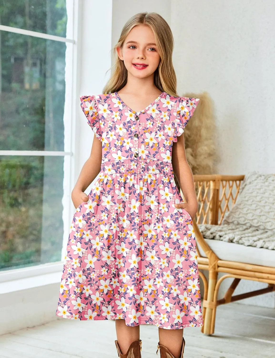 Arshiner Girls Dresses Ruffle Sleeve A-Line V-Neck Sundress Summer Swing Midi Dress with Pockets