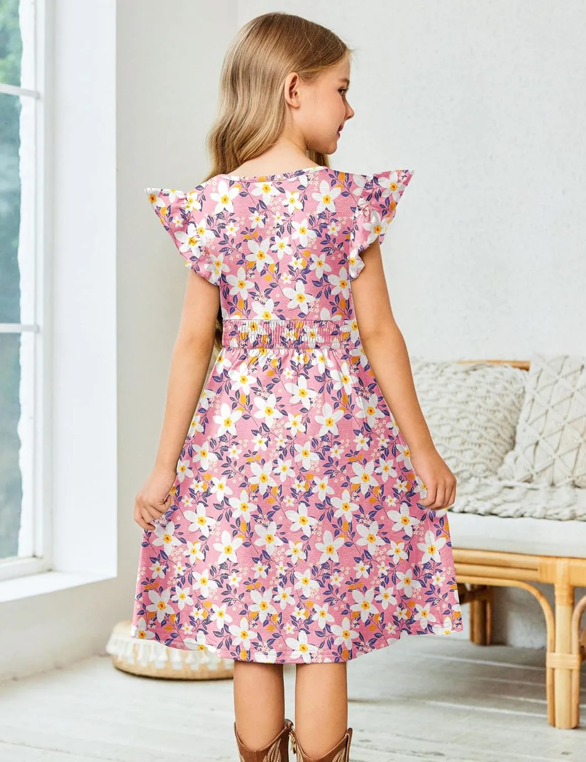 Arshiner Girls Dresses Ruffle Sleeve A-Line V-Neck Sundress Summer Swing Midi Dress with Pockets