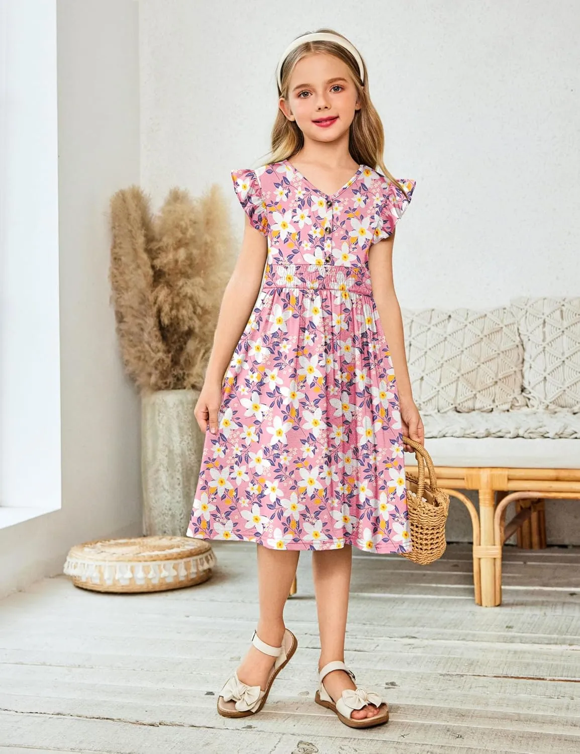 Arshiner Girls Dresses Ruffle Sleeve A-Line V-Neck Sundress Summer Swing Midi Dress with Pockets