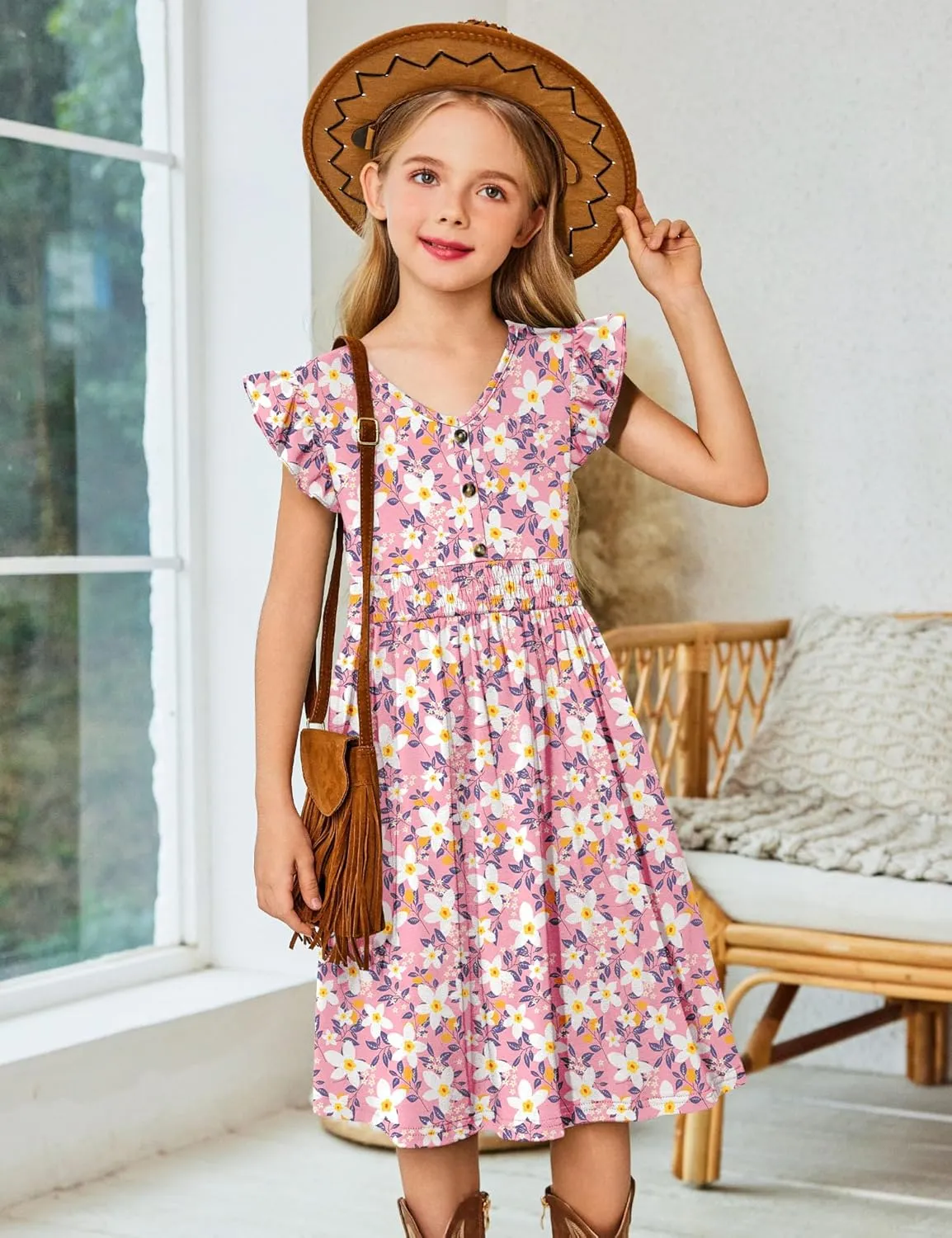 Arshiner Girls Dresses Ruffle Sleeve A-Line V-Neck Sundress Summer Swing Midi Dress with Pockets