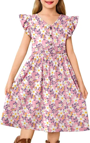 Arshiner Girls Dresses Ruffle Sleeve A-Line V-Neck Sundress Summer Swing Midi Dress with Pockets