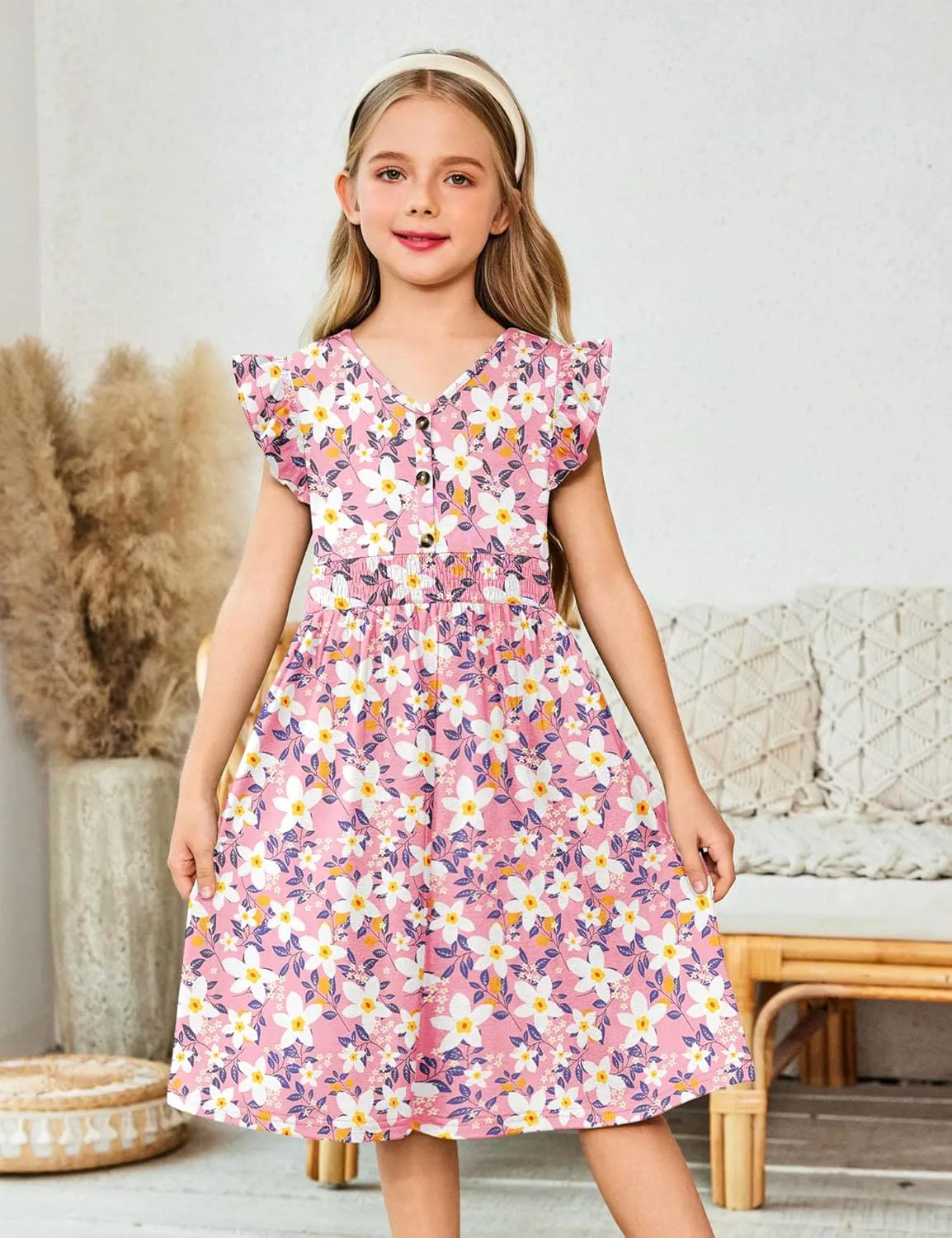 Arshiner Girls Dresses Ruffle Sleeve A-Line V-Neck Sundress Summer Swing Midi Dress with Pockets