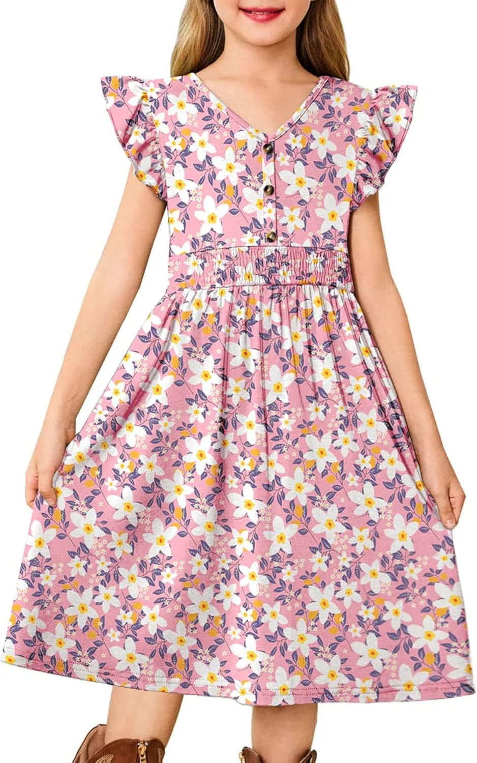 Arshiner Girls Dresses Ruffle Sleeve A-Line V-Neck Sundress Summer Swing Midi Dress with Pockets