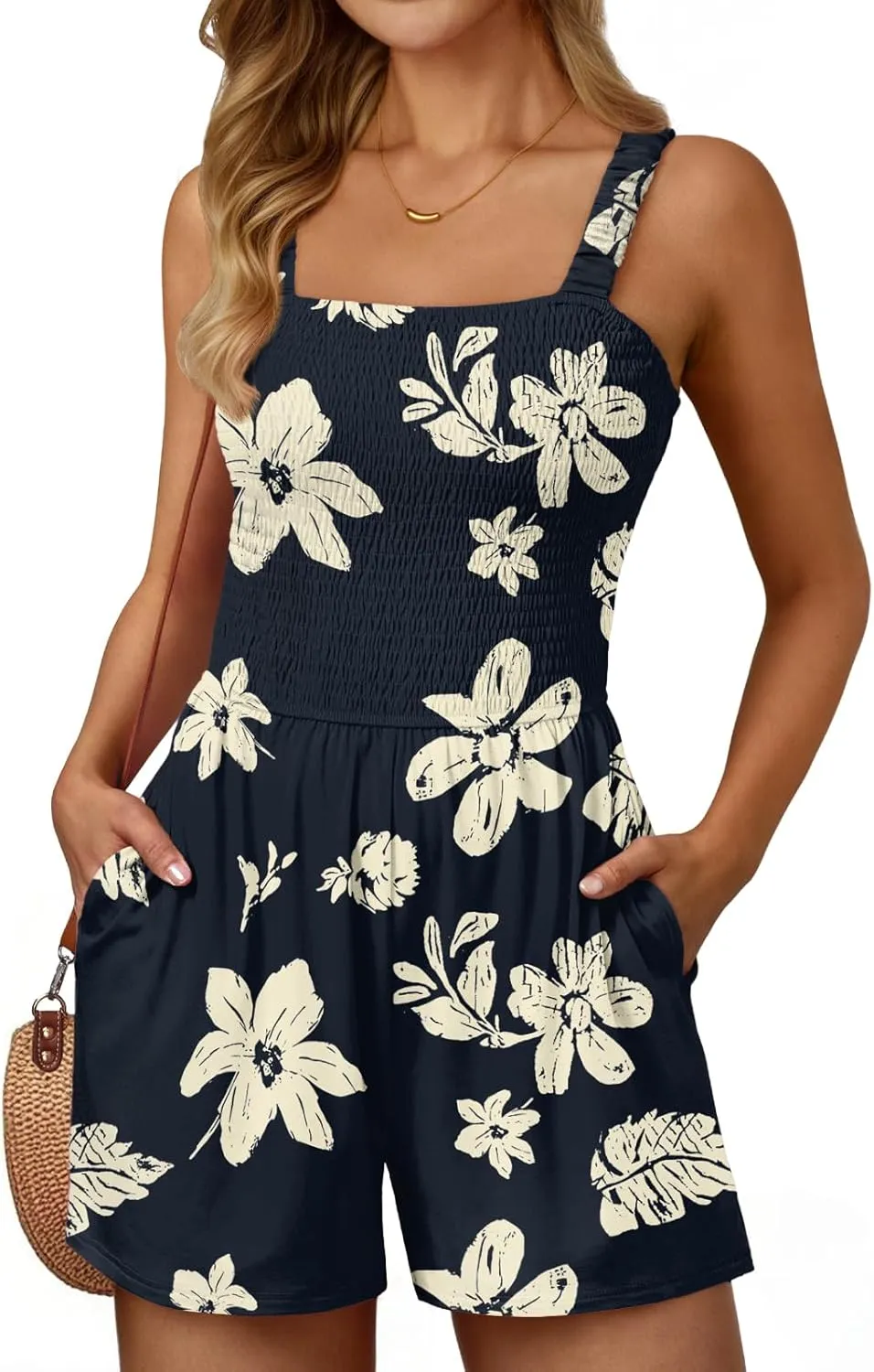 AUTOMET Rompers for Women Summer Vacation Beach Outfits Casual Loose Square Neck Shorts Jumpsuits Overalls 2025 Resort Wear