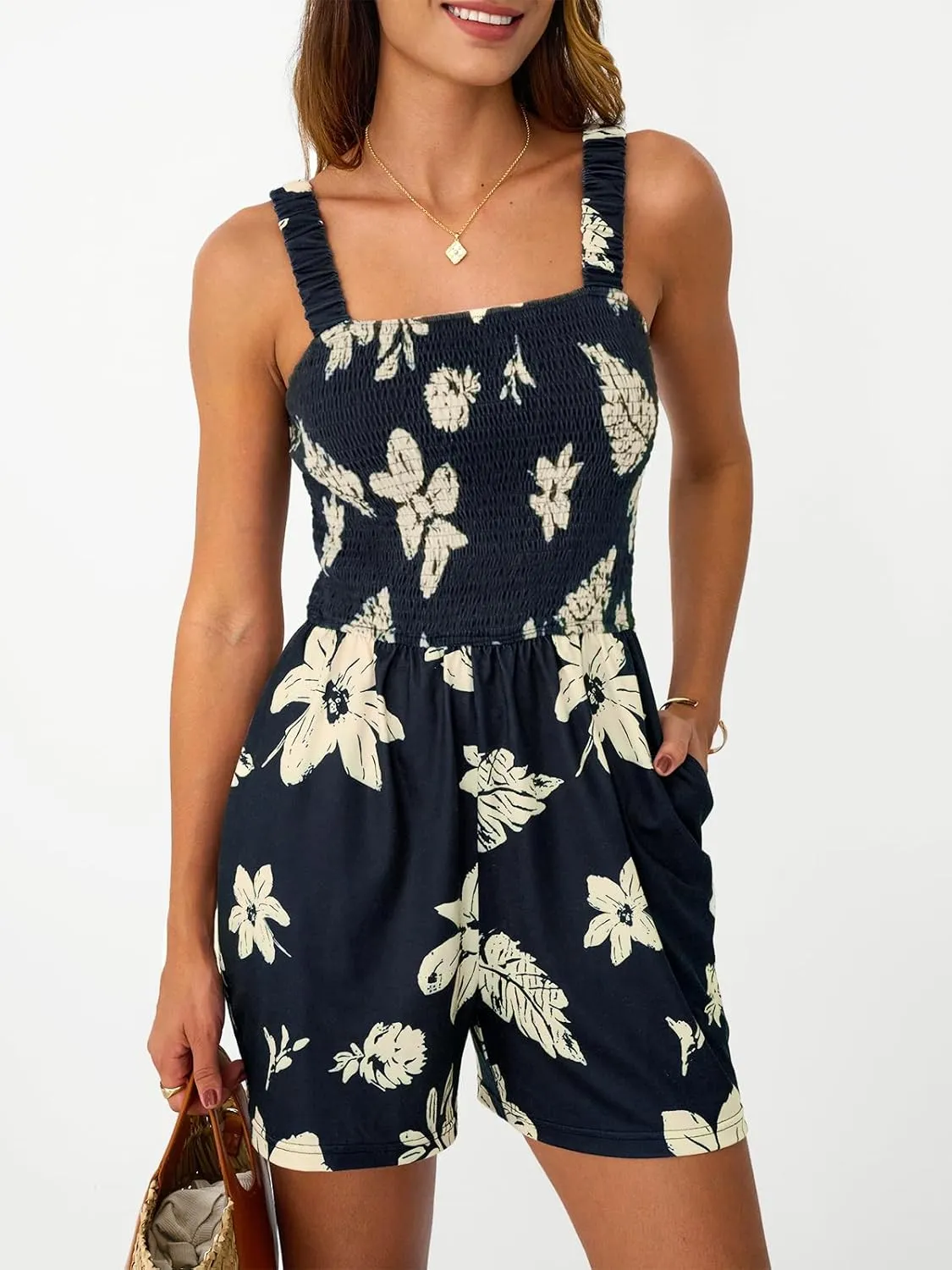AUTOMET Rompers for Women Summer Vacation Beach Outfits Casual Loose Square Neck Shorts Jumpsuits Overalls 2025 Resort Wear
