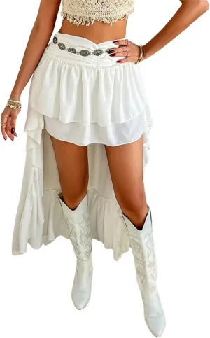 BAIMORE Women's Vacation Elastic Waist Layered Ruffles Asymmetrical High Low Hem Midi Flowy Skirt