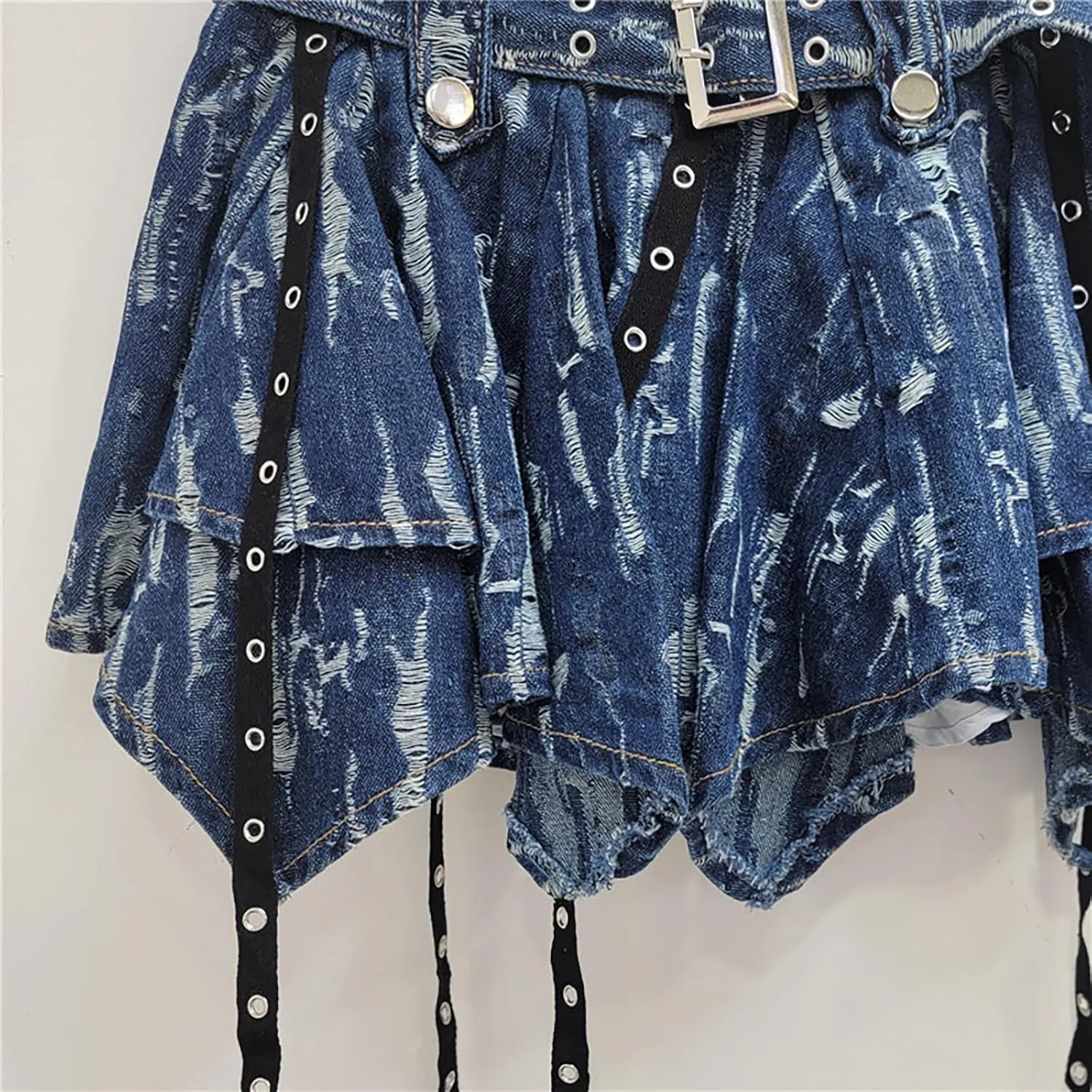 BAIMORE Women's Y2k Tie Dye Pleated Asymmetrical Hem Denim Mini Skirt with Belt