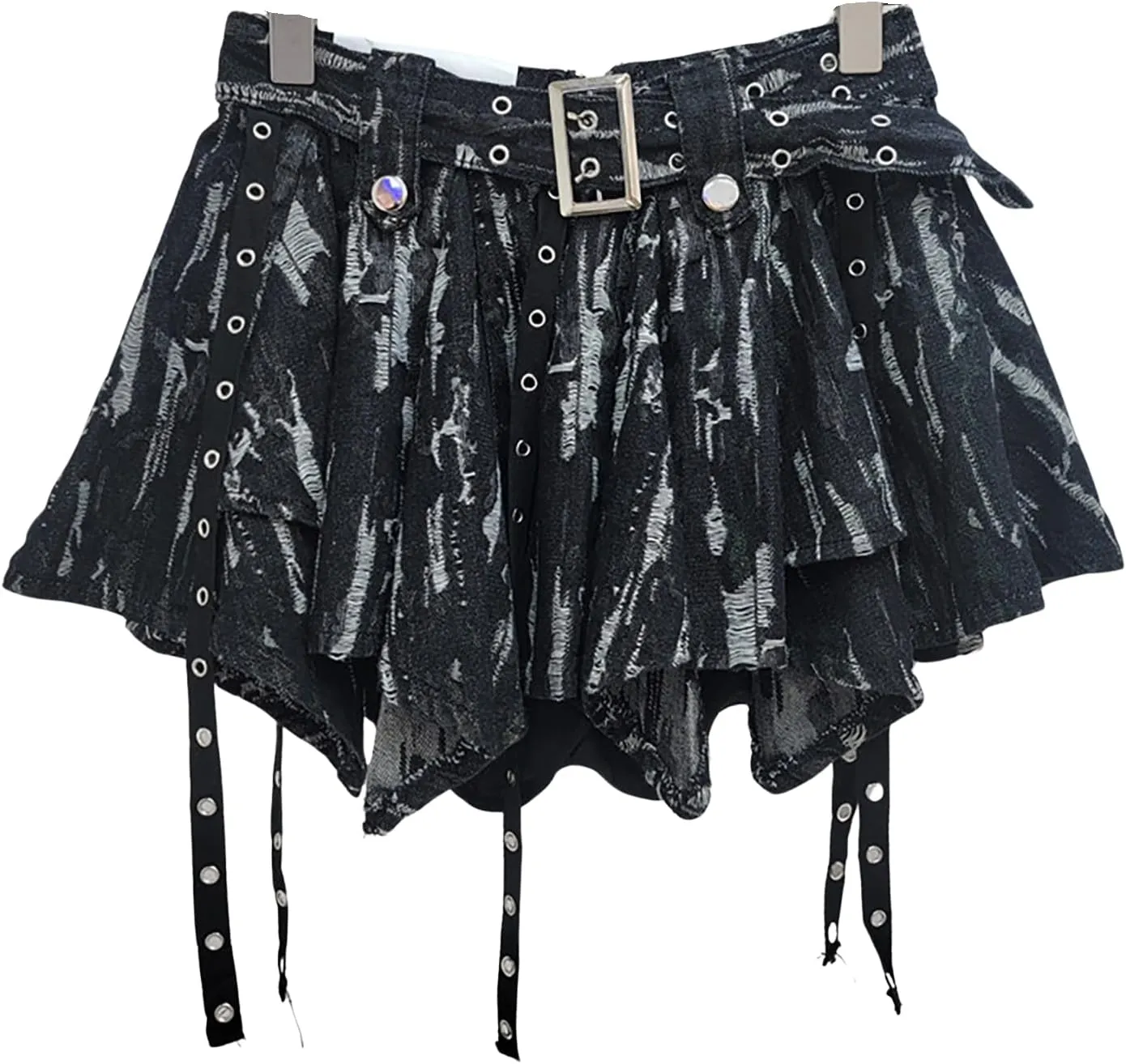 BAIMORE Women's Y2k Tie Dye Pleated Asymmetrical Hem Denim Mini Skirt with Belt