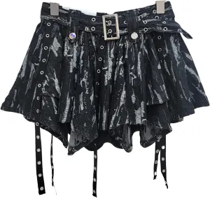 BAIMORE Women's Y2k Tie Dye Pleated Asymmetrical Hem Denim Mini Skirt with Belt