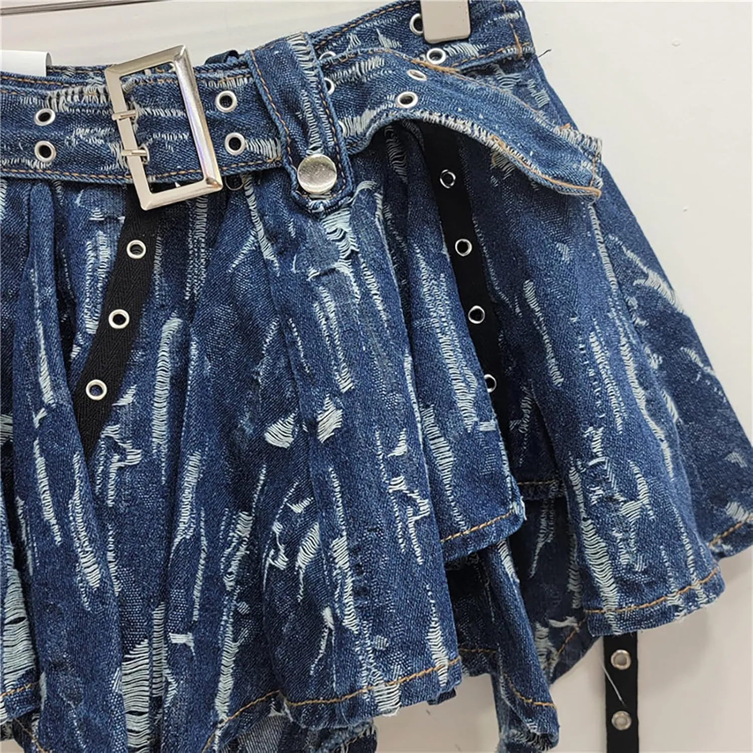 BAIMORE Women's Y2k Tie Dye Pleated Asymmetrical Hem Denim Mini Skirt with Belt