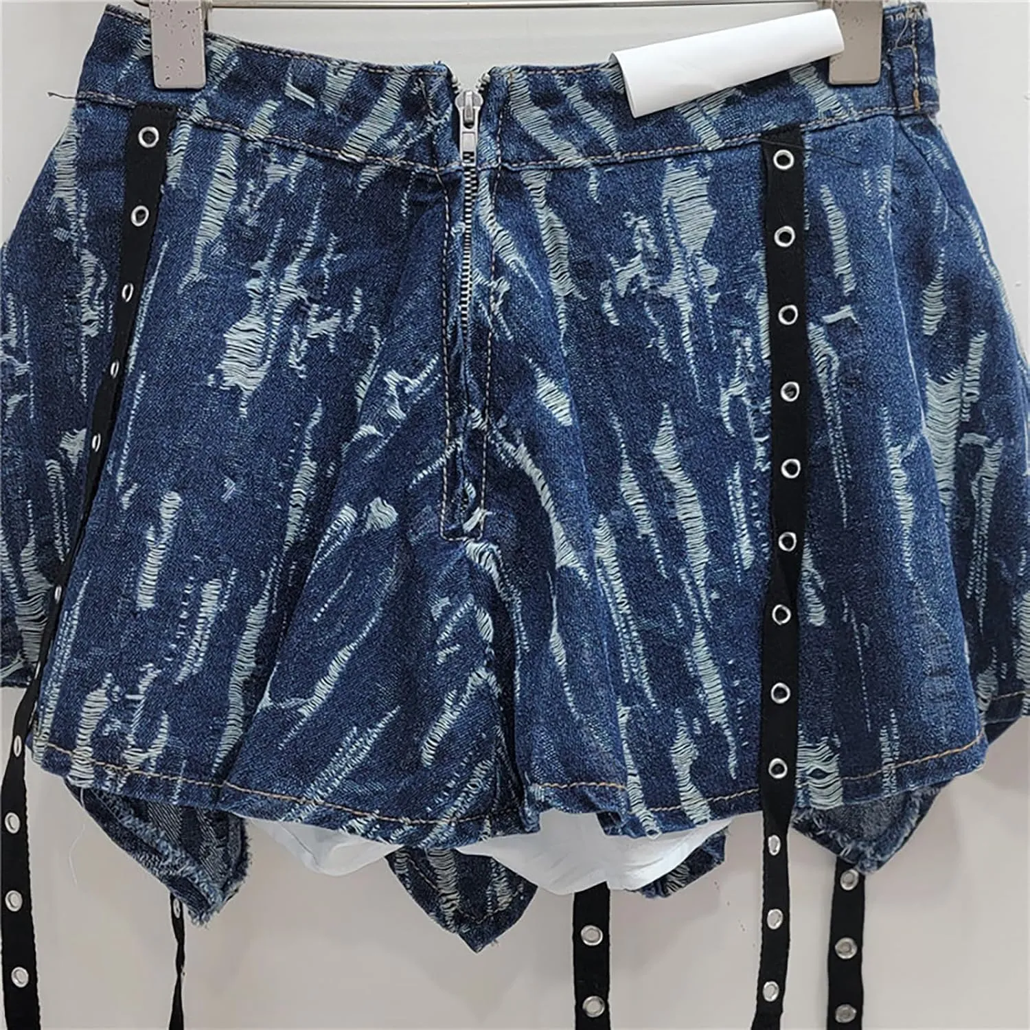 BAIMORE Women's Y2k Tie Dye Pleated Asymmetrical Hem Denim Mini Skirt with Belt