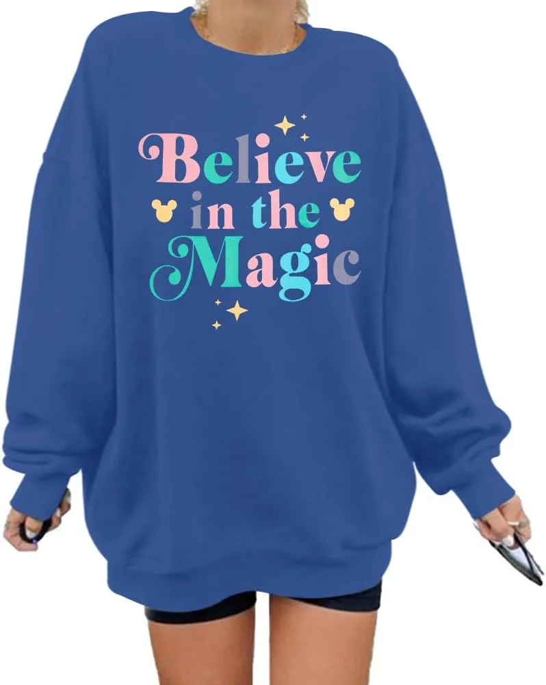 BANGELY Magical Sweatshirt Women Magic Kingdom Shirt Funny Believe in Magic Graphic Pullover Family Holiday Long Sleeve Tops