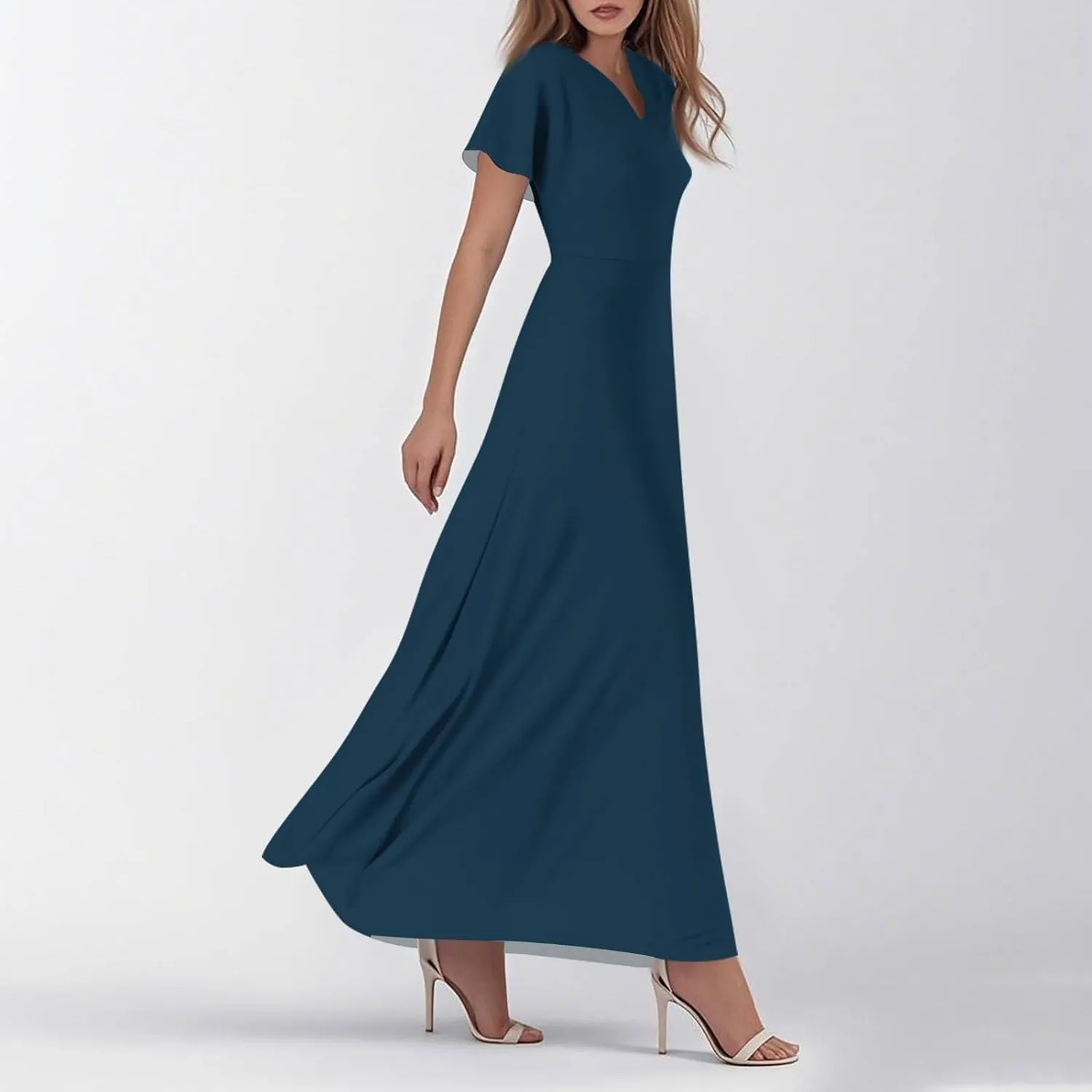 BAXLIMEK Maxi Dresses for Women,2025 Summer Trendy Floral Print V Neck Short Sleeve Beach Dress,Flowy Ruched Swing Boho Dress